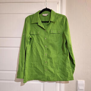 Jones New York Sport M Green Linen Cotton Blouse Coastal Lagenlook Pocket Shirt